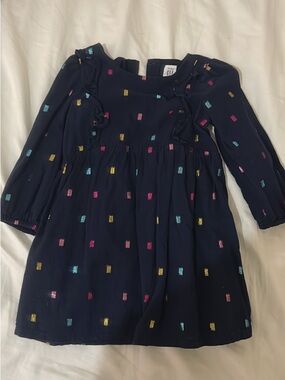 GAP Navy Long-Sleeve Dress with Pink, Blue, and Gold Metallic Dots